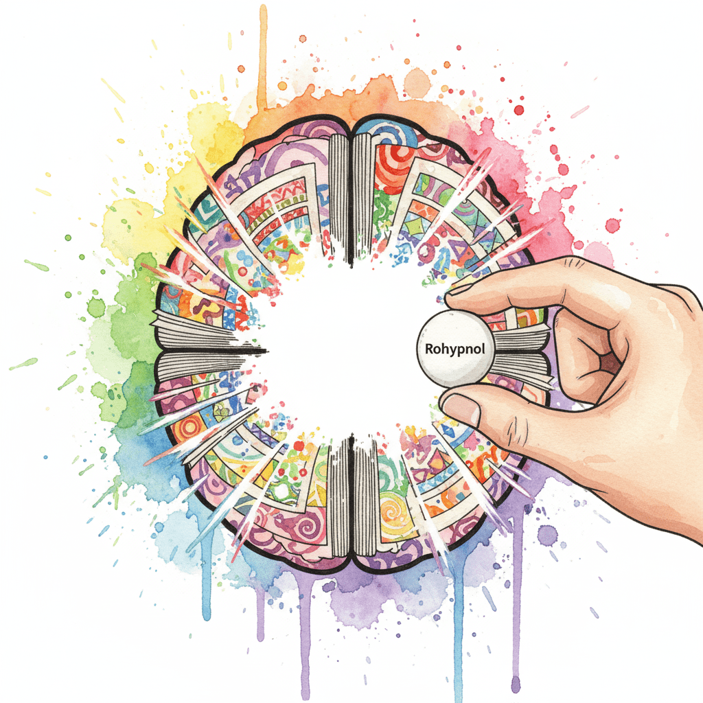 Künstlerische Darstellung der anterograden Amnesie durch Rohypnol, bei der eine Pille symbolisch die Erinnerungen im Gehirn ausradiert.