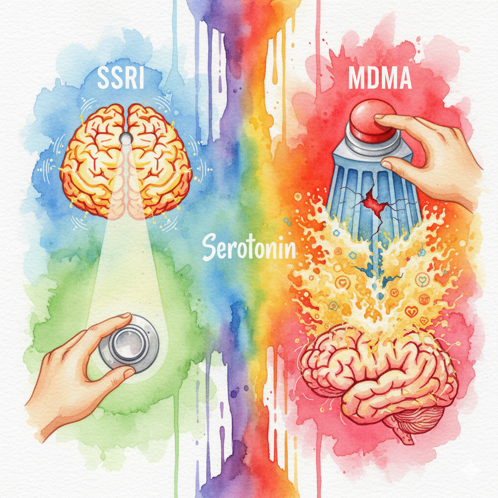 Alt-Text: Künstlerischer Vergleich der Wirkung von SSRIs (langsamer Regler) und MDMA (unkontrollierter Tsunami) auf das Serotonin-System im Gehirn.