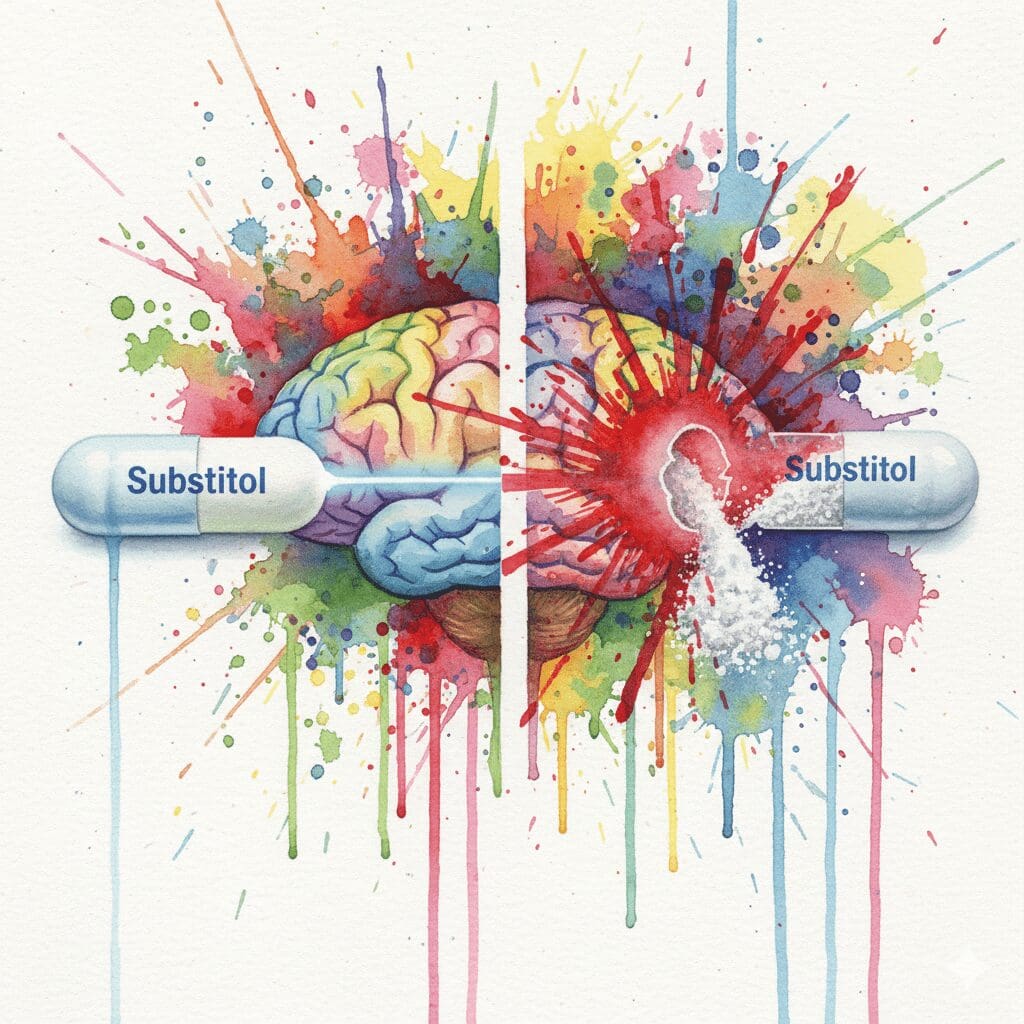 Darstellung der Gefahr durch Manipulation von Substitol: Die intakte Kapsel gibt sanften Wirkstoff ab, die zermahlene Kapsel erzeugt eine tödliche Explosion.
