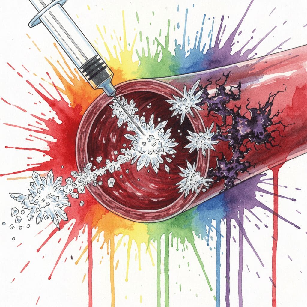 Darstellung der Gefahr des Spritzens von Substitol: Hilfsstoffe wie Talkum verursachen schwere Venenschäden und Embolien.