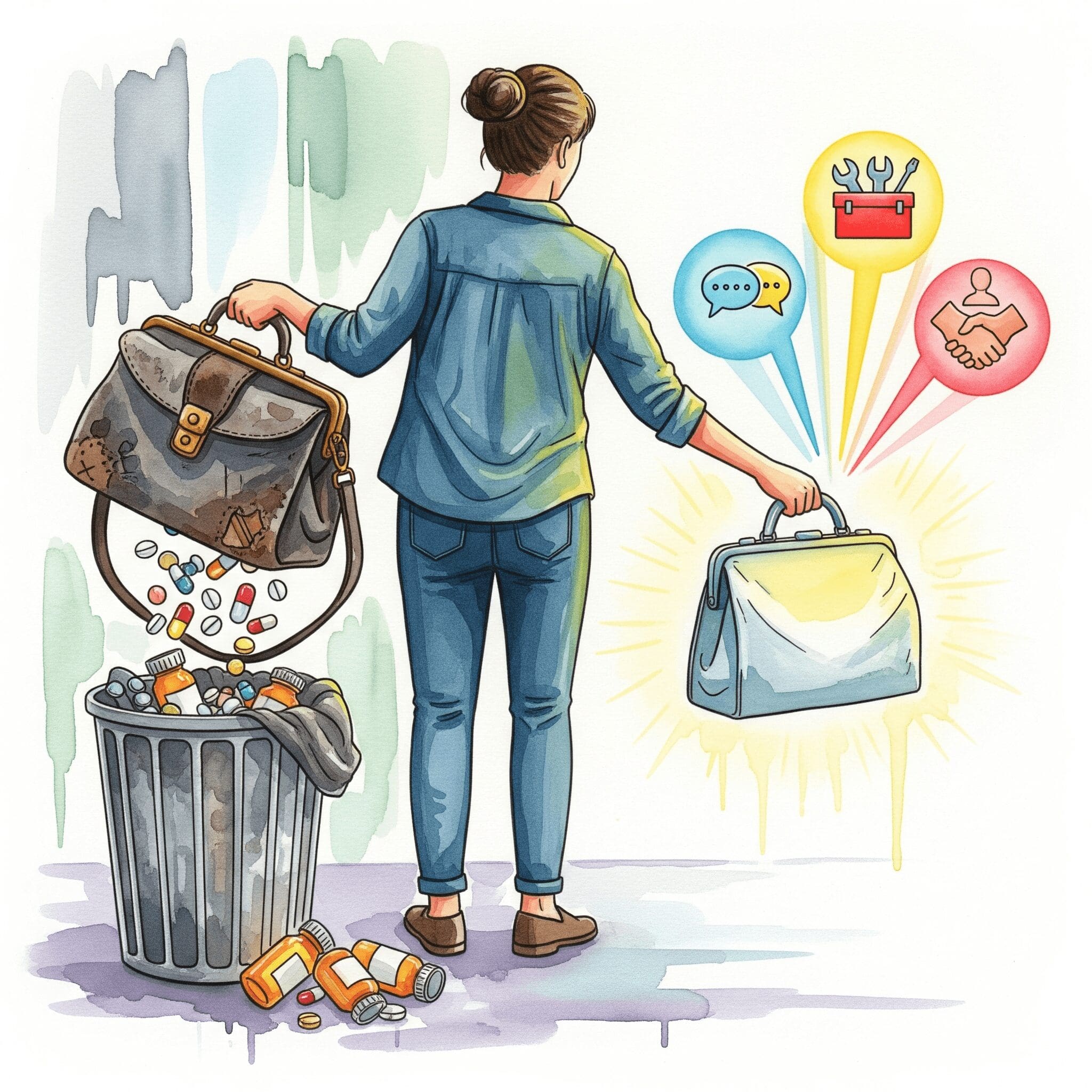 Eine Person tauscht eine alte Arzttasche voller Drogen gegen eine neue Tasche mit Therapie- und Gemeinschafts-Symbolen, als Metapher für den Weg vom Selbstmediziner zum Selbstheiler.