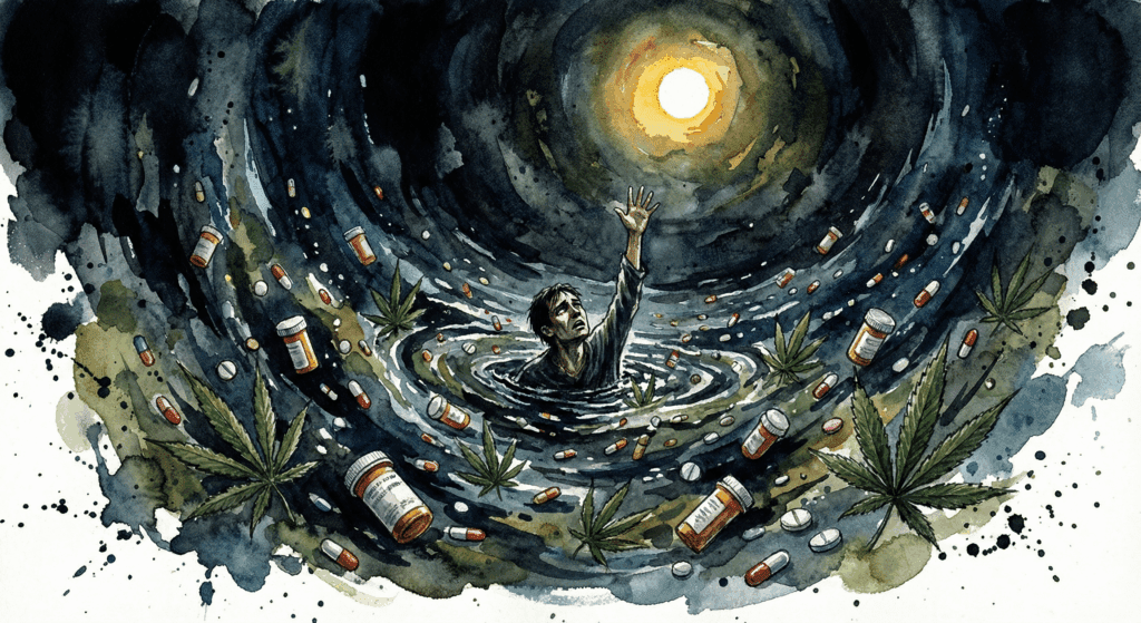 Person in einem Strudel aus Drogen und Angst. Symbol für die Abwärtsspirale.