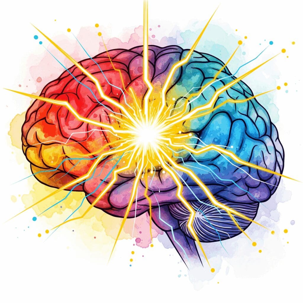 Symbolische Darstellung des Krampfanfall-Risikos durch Tramadol, gezeigt als ein blitzartiger Kurzschluss im Gehirn.