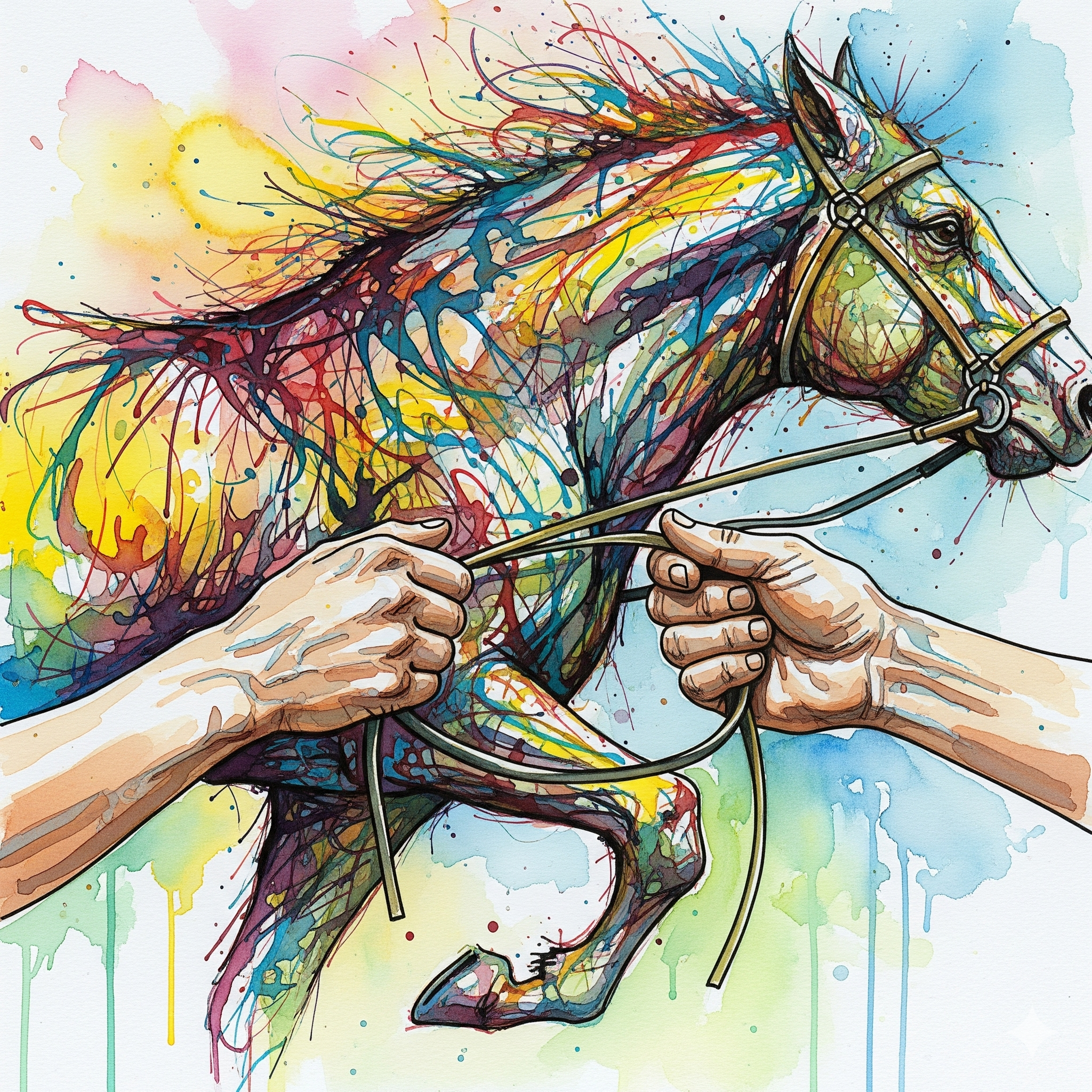 Symbolische Darstellung der Trigger-Bewältigung, gezeigt als Hände, die ein wildes, emotionales Tier aus Farben zähmen und Kontrolle zurückgewinnen.