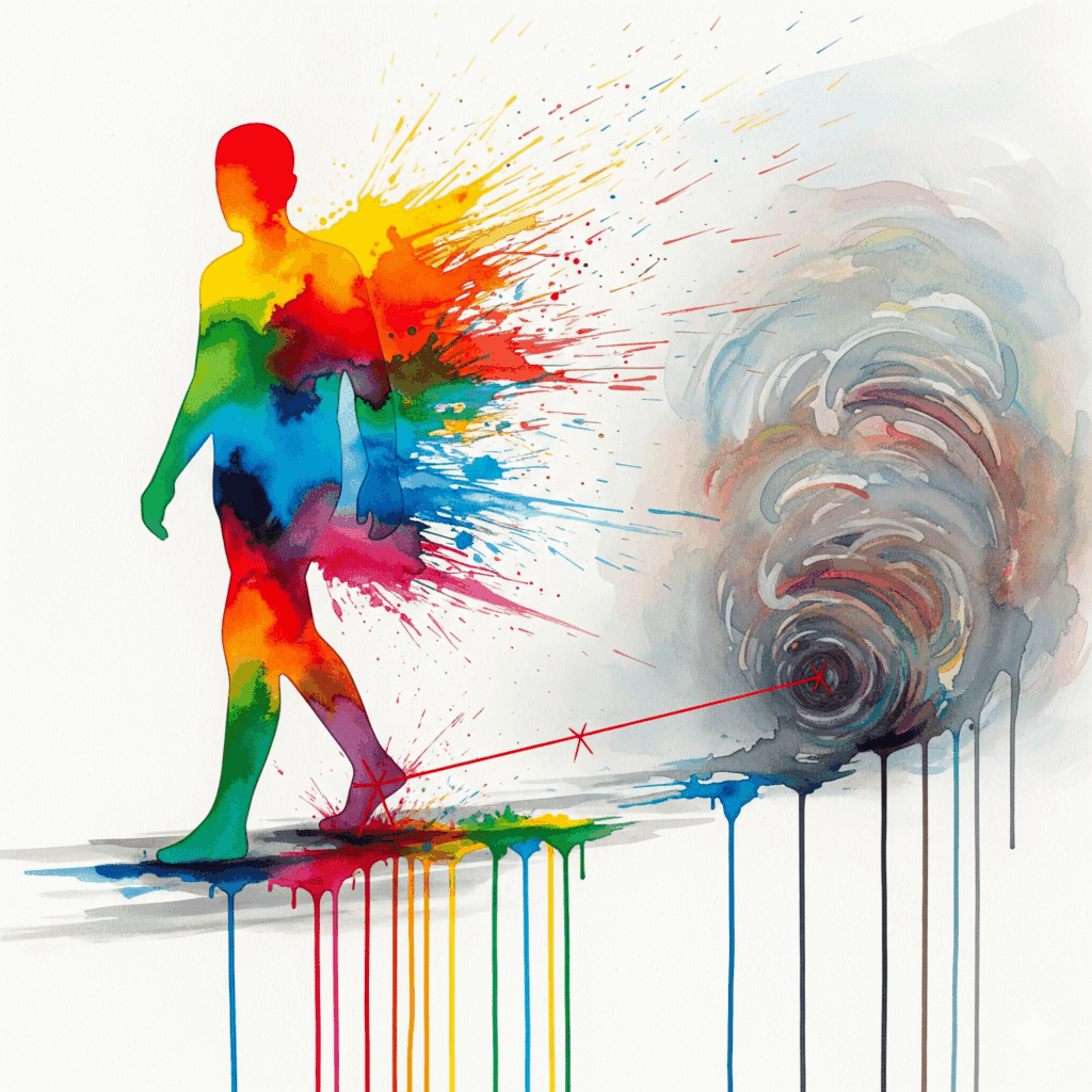 Künstlerische Darstellung eines psychologischen Triggers als leuchtender Stolperdraht, der eine Person mit ihrer traumatischen Vergangenheit verbindet und eine emotionale Reaktion auslöst.