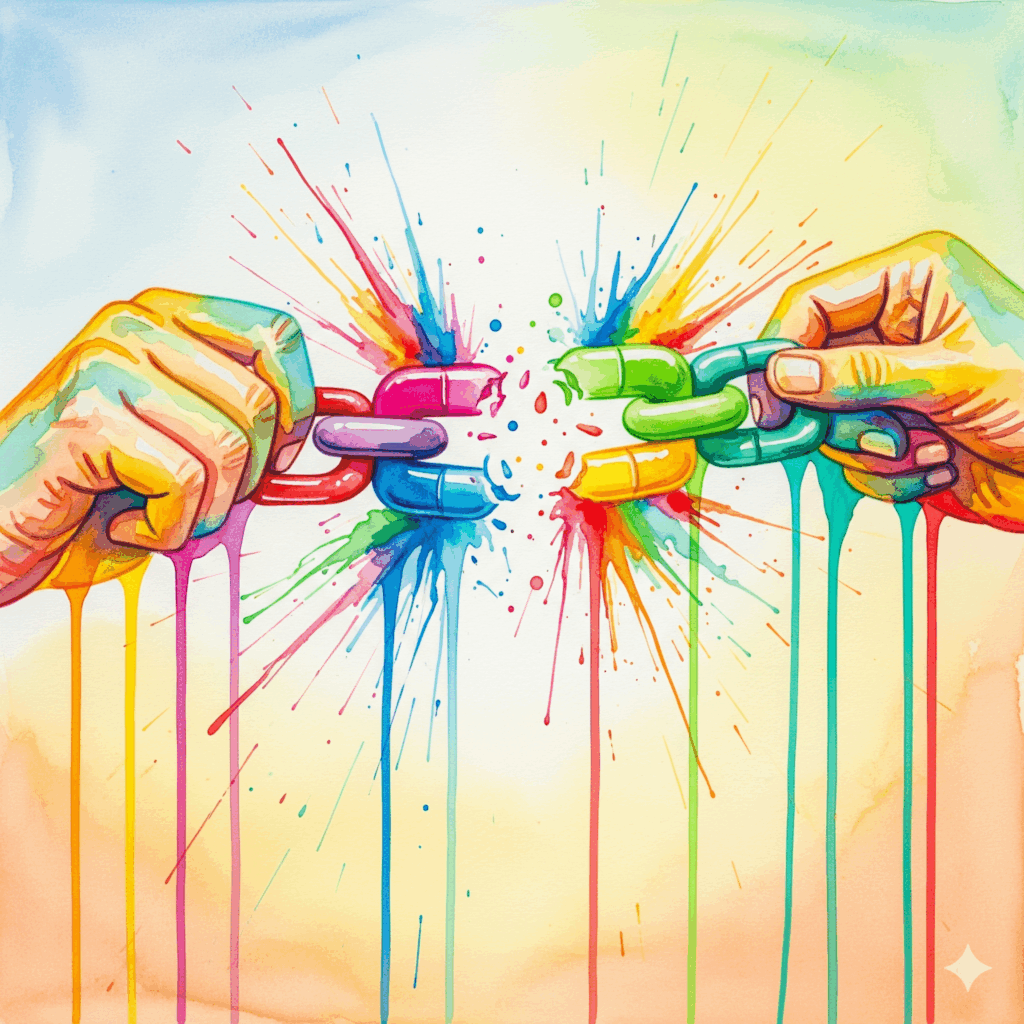 Symbolische Darstellung der Befreiung von einer Doppeldiagnose, gezeigt als Hände, die eine Kette aus Pillen sprengen, in bunten Watercolor-Farben.
