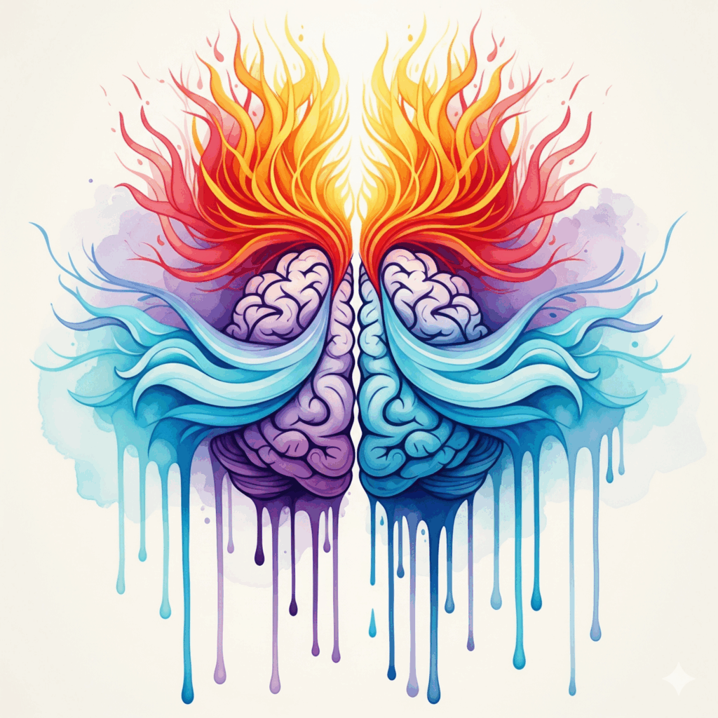 Künstlerische Darstellung der Wirkung von Valproinsäure im Gehirn als Stimmungsstabilisator, gemalt in zerlaufenden Watercolor-Farben, die Chaos beruhigen.