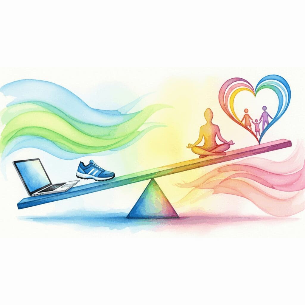 Symbolische Darstellung der Therapie-Ziele bei einer Verhaltenssucht: eine gesunde Balance zwischen Leistung und Lebensqualität, gemalt in zerlaufenden Watercolor-Farben.