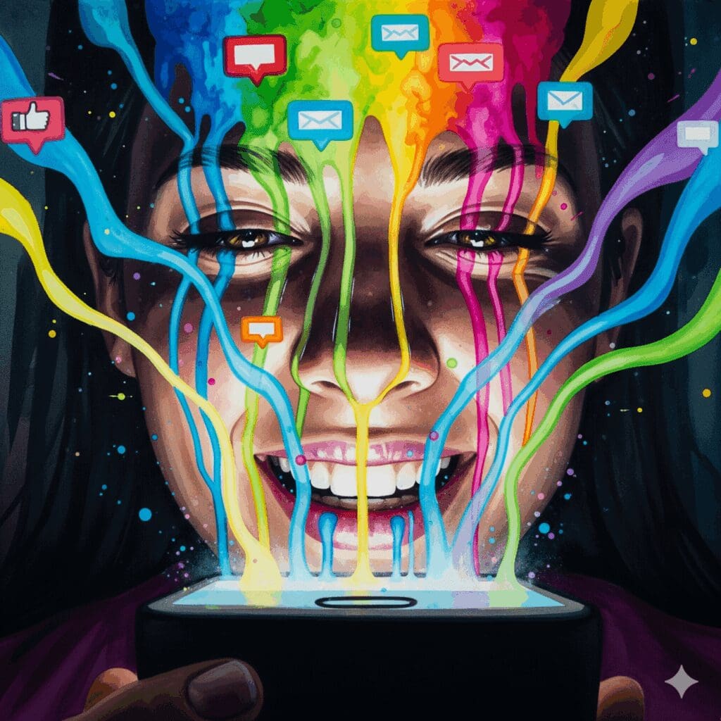Künstlerische Darstellung der Dopamin-Ausschüttung durch Social-Media-Nutzung, gezeigt als bunte, zerlaufende Watercolor-Farben, die von einem Handy auf ein Gesicht strömen.