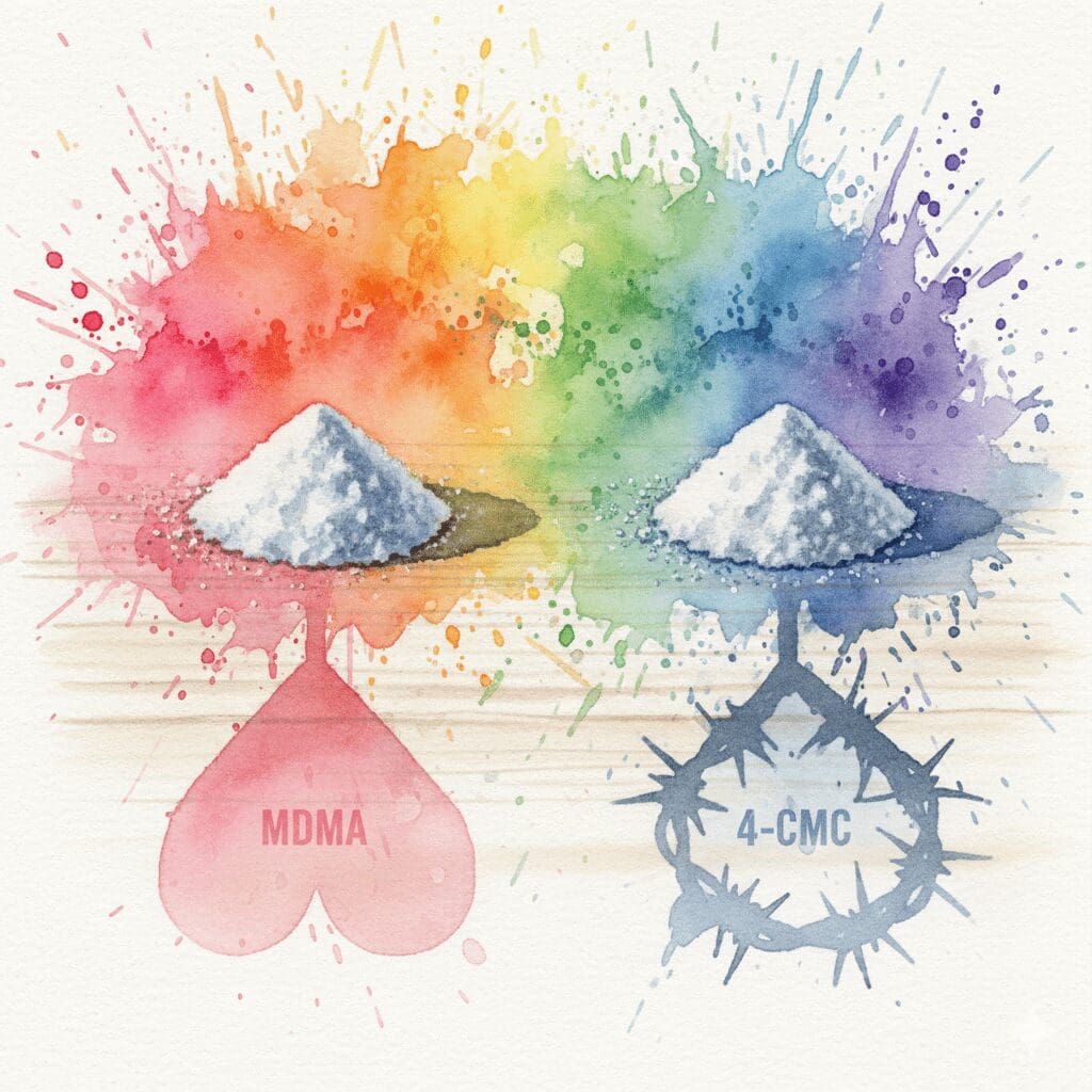 Künstlerische Darstellung des Unterschieds zwischen MDMA und 4-CMC: Identisches Aussehen, aber völlig unterschiedliche, teils gefährliche Wirkung.
