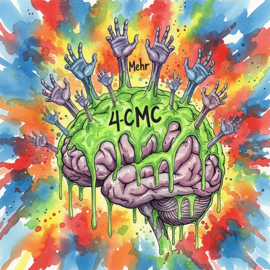 Symbolische Darstellung des extremen Cravings bei 4-CMC, bei dem das Gehirn zwanghaft nach mehr verlangt.