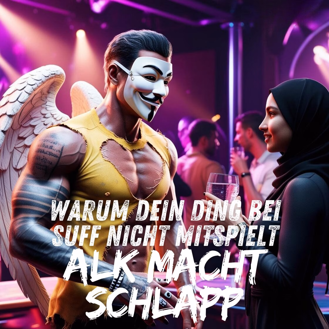 Sportlicher Mann mit Anonymous Maske. Er ist tätowiert, hat schwarze und weiße lackierte Fingernägel und einen zerfranztes gelbes Hemd und Engelsflügel auf dem Rücken. Positives Bild. Z.B. ein junger Mann, der selbstbewusst und gesund aussieht. Er schaut auf ein eine hübsche Junge Frau und hat ein Glas Wasser in der Hand. Beide sind auf einer Party.