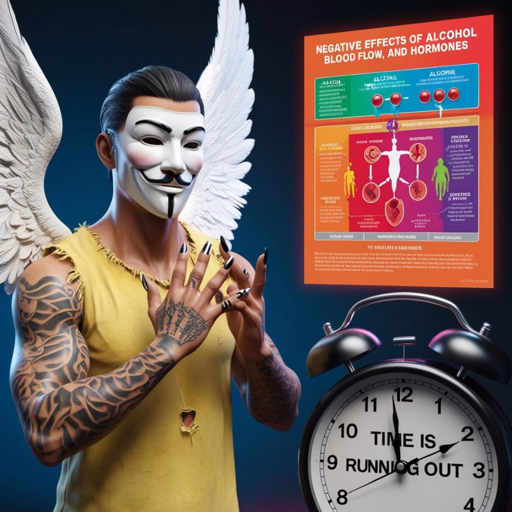Grafik, die schematisch die negativen Auswirkungen von Alkohol auf Nerven, Blutfluss oder Hormone darstellt. Oder ein Bild, das langfristige Konsequenzen symbolisiert (z.B. ein Wecker, der "Zeit läuft ab" zeigt). Keywords: Alkohol Folgen Sex, Langzeitschäden Alkohol Potenz, Nervenschäden durch Alkohol