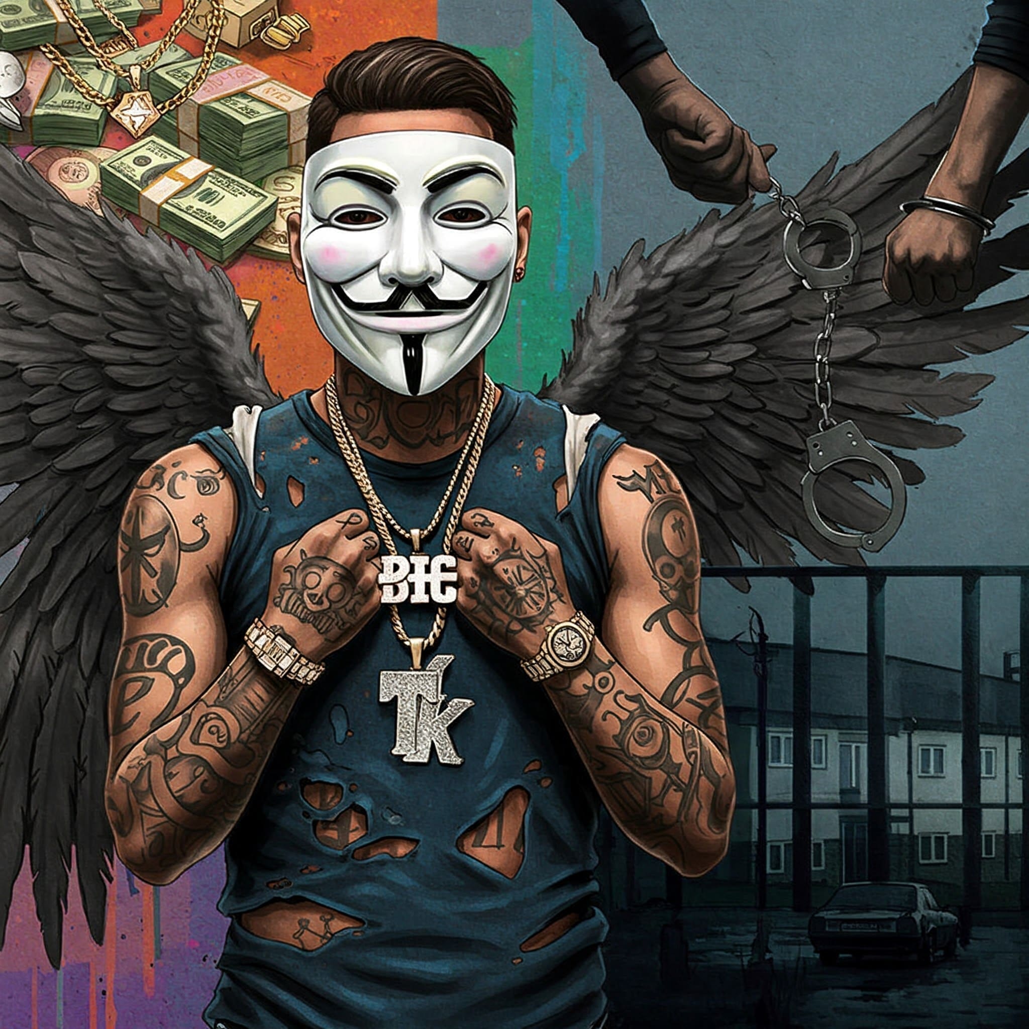 Header-Bild. Collage oder geteiltes Bild: Links ein Ausschnitt aus einem übertriebenen Hip-Hop-Video (Goldketten, Geldbündel, teures Auto), rechts ein düsteres, realistisches Bild (Handschellen, graue Plattenbausiedlung, Gitterstäbe).
Keywords für Alt-Text: Drogendealer Hype vs Realität, Hip Hop Klischee Drogenhandel, Gefahren Drogen verkaufen