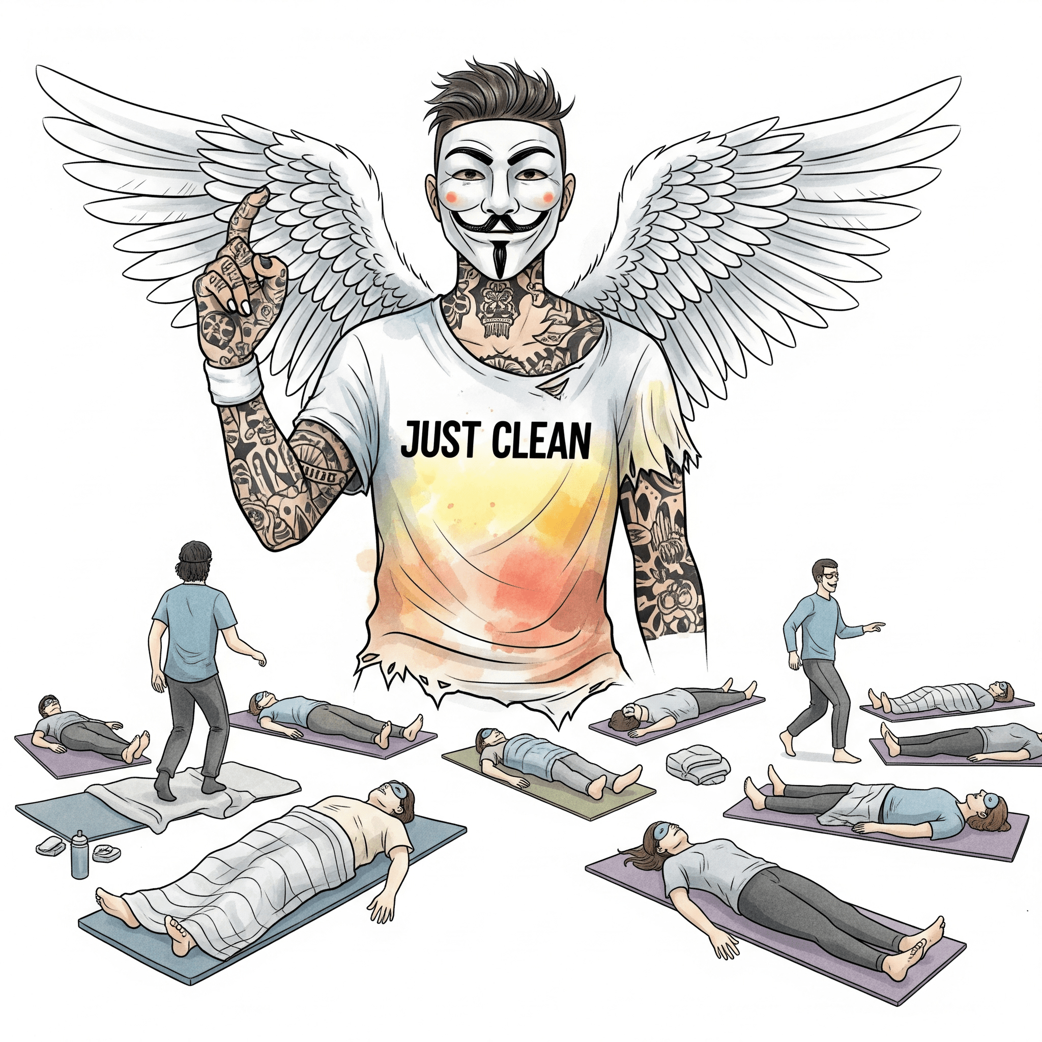 Ein Bild einer ruhigen Gruppensitzung. Man sieht mehrere Personen auf Matten liegen, einige mit Decken, Augenmasken. Im Raum bewegen sich ein oder zwei "Sitter" achtsam und leise. Die Atmosphäre ist sicher und gehalten. "Holotropes Atmen Gruppe", "sicherer Raum Therapie", "Atem-Workshop"