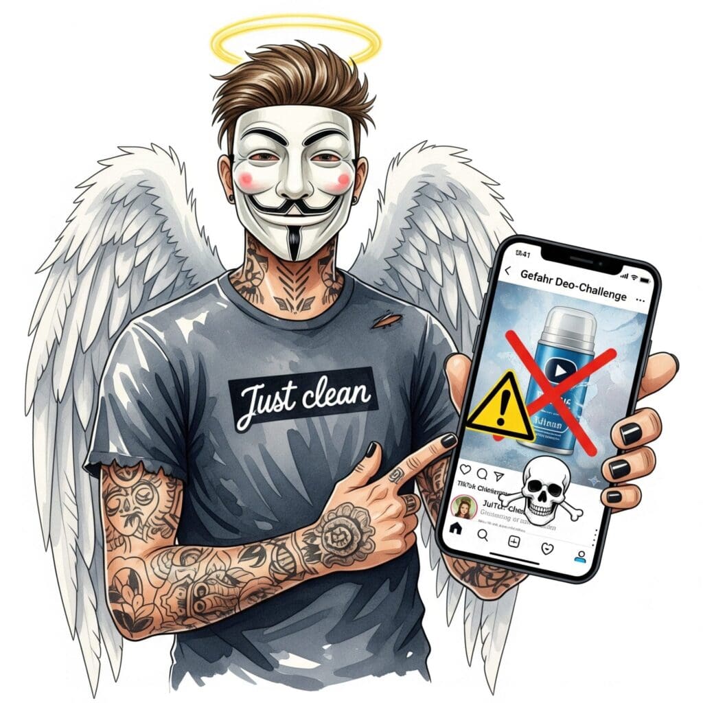 Ein Smartphone in einer Hand zeigt eine generische Social-Media-Oberfläche. Im Feed ist ein Video zu sehen, das eine Deo-Dose zeigt, aber darüber ist ein großes, rotes, durchgestrichenes Warnsymbol 🚫 und ein Totenkopf ☠️ gelegt. Symbolisiert die Gefahr hinter dem Social-Media-Trend. "Gefahr Deo-Challenge", "TikTok Challenge gefährlich", "Warnung vor Mutproben"