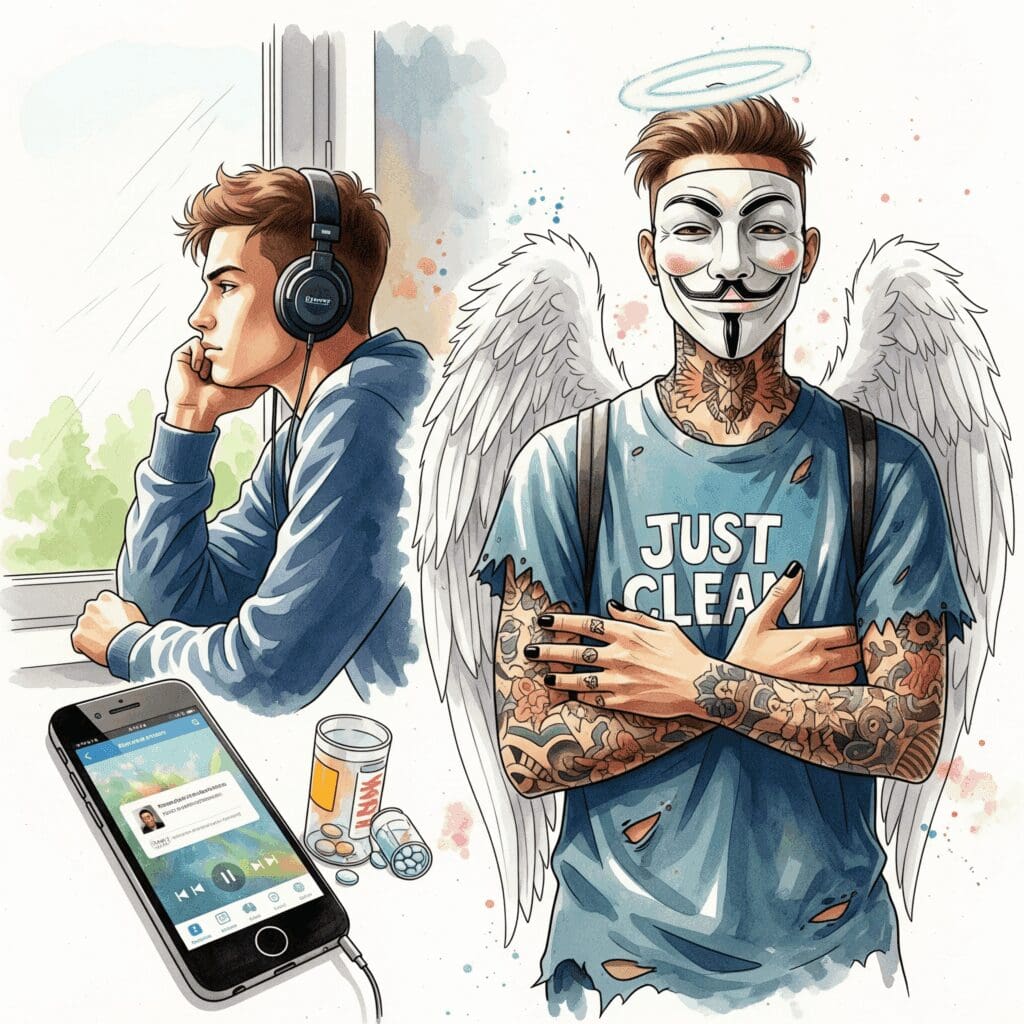 Ein Jugendlicher mit Kopfhörern, der nachdenklich aus dem Fenster schaut. Im Vordergrund sind unscharf ein Smartphone mit einer Musik-App und eine leere Tablettenpackung zu sehen. Symbolisiert die Gedankenwelt und die Einflüsse. "Einfluss von Deutschrap", "Jugendliche und Drogen", "Sorgen von Eltern"