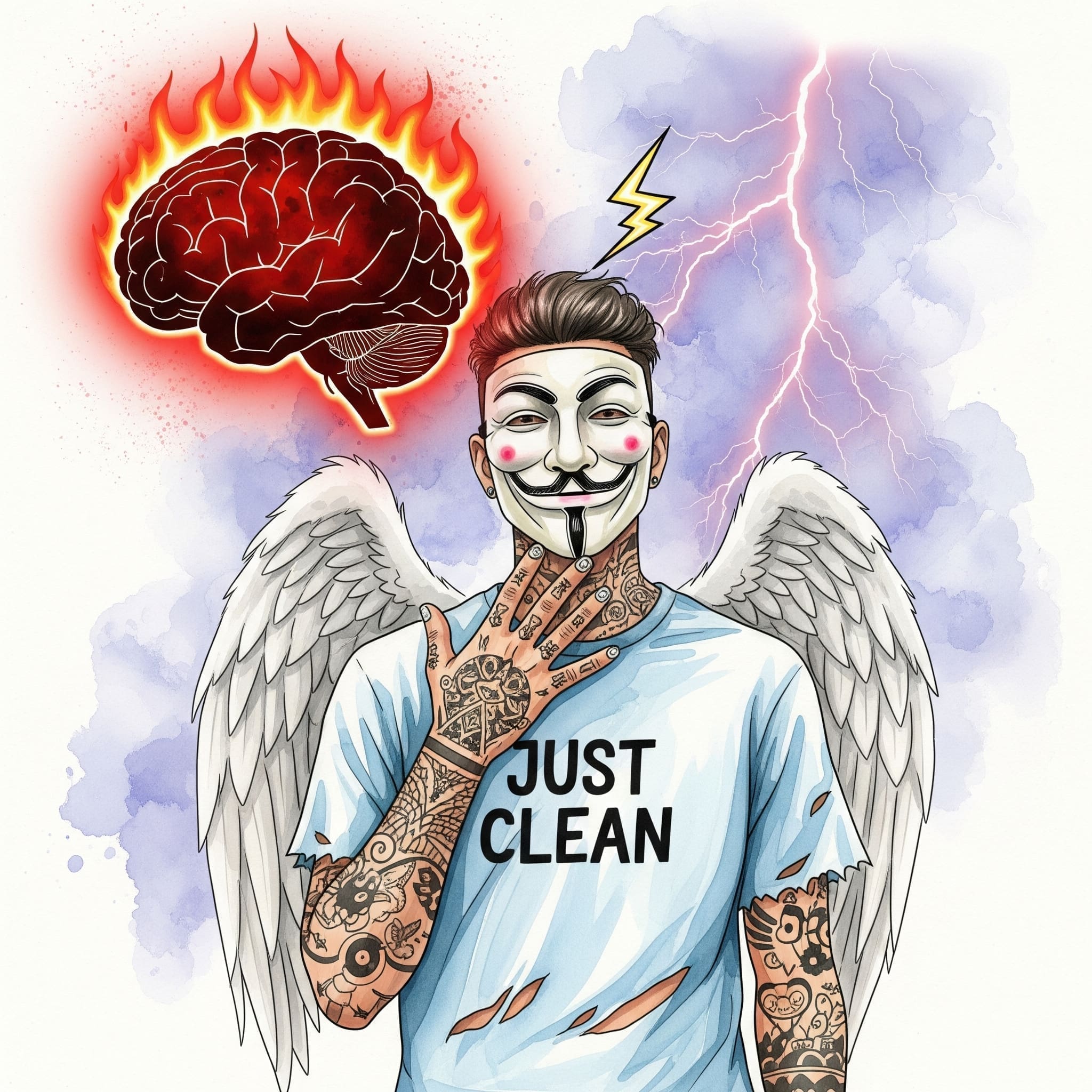 Eine Grafik, die eine Gehirn-Silhouette zeigt, die überhitzt und rot glüht. Blitze schlagen ein. Symbolisiert die Neurotoxizität und die Gefahr einer Psychose. "Neurotoxizität 4-CMC", "Drogeninduzierte Psychose", "Gefahren von Designerdrogen"