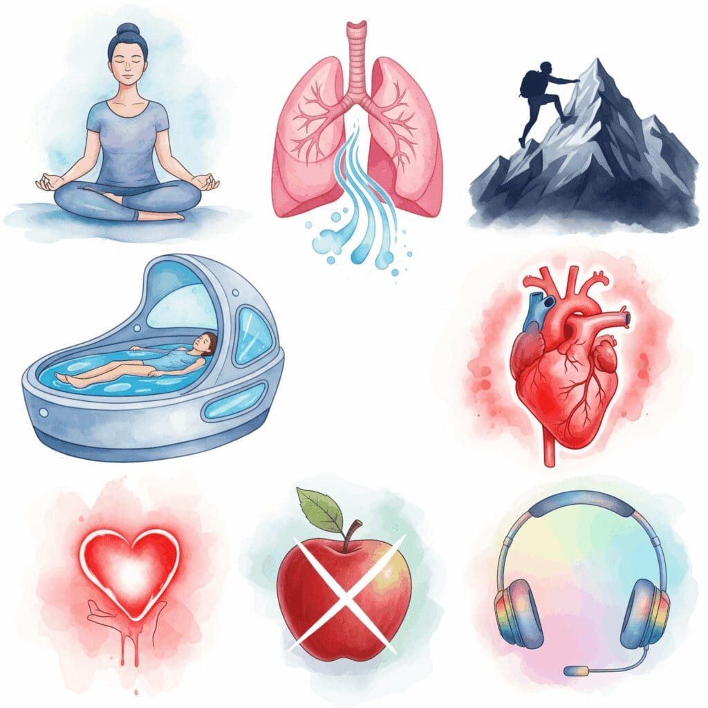 Eine Collage aus sieben Icons, die die verschiedenen Methoden repräsentieren: Ein meditierender Mensch, eine Lunge (Atem), ein Bergsteiger (Extremsport), ein Floating-Tank, ein Herz (Sex), ein Apfel mit einem Kreuz darüber (Fasten) und Kopfhörer (Binaurale Beats). "Methoden zur Bewusstseinserweiterung", "natürliches High", "legale Alternativen zu Drogen"