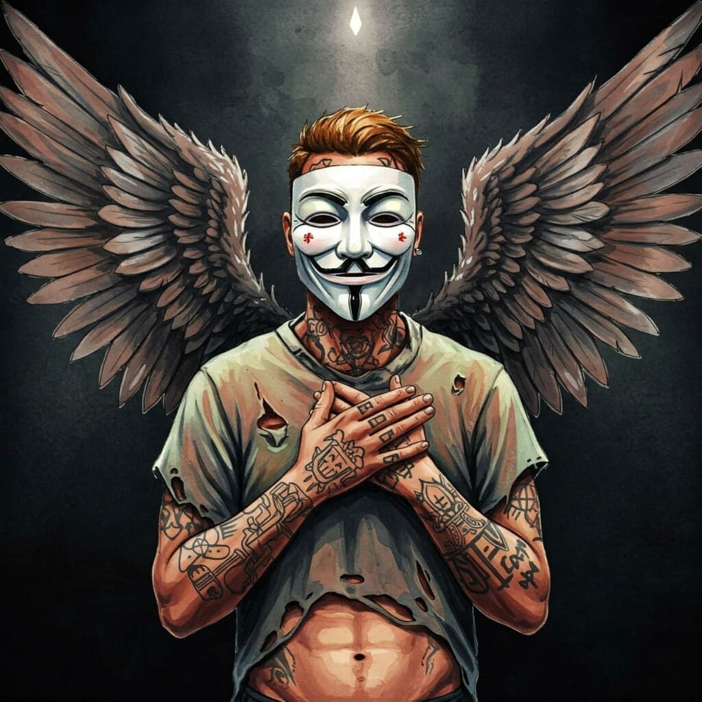 Bild in bunten lebendigen / realistischen Watercolor Farben. Ein sportlicher Mann mit Anonymous Maske. Er ist tätowiert, hat schwarze und weiße lackierte Fingernägel und einen zerfranztes Hemd und Engelsflügel auf dem Rücken. Ein Bild, das einen Teufelskreis oder eine Sackgasse symbolisiert, vielleicht düster gehalten, aber mit einem kleinen Lichtblick.
Keywords für Alt-Text: Teufelskreis Drogen, Sucht Sackgasse, Beschaffungskriminalität Anfang, Jugend Drogenprobleme