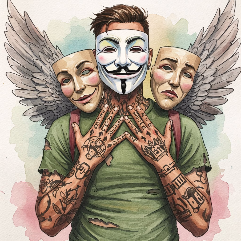 Bild in bunten lebendigen / realistischen Watercolor Farben. In der Mitte ein sportlicher Mann mit Anonymous Maske. Er ist tätowiert, hat schwarze und weiße lackierte Fingernägel und einen zerfranztes grünes Hemd und Engelsflügel auf dem Rücken. Person mit zwei Gesichtern oder Masken, eine lächelt (Schönreden), die andere ist besorgt (Realität). Keywords: Schönreden, Ausreden, Selbsttäuschung, Sucht, Kognitive Verzerrung.
