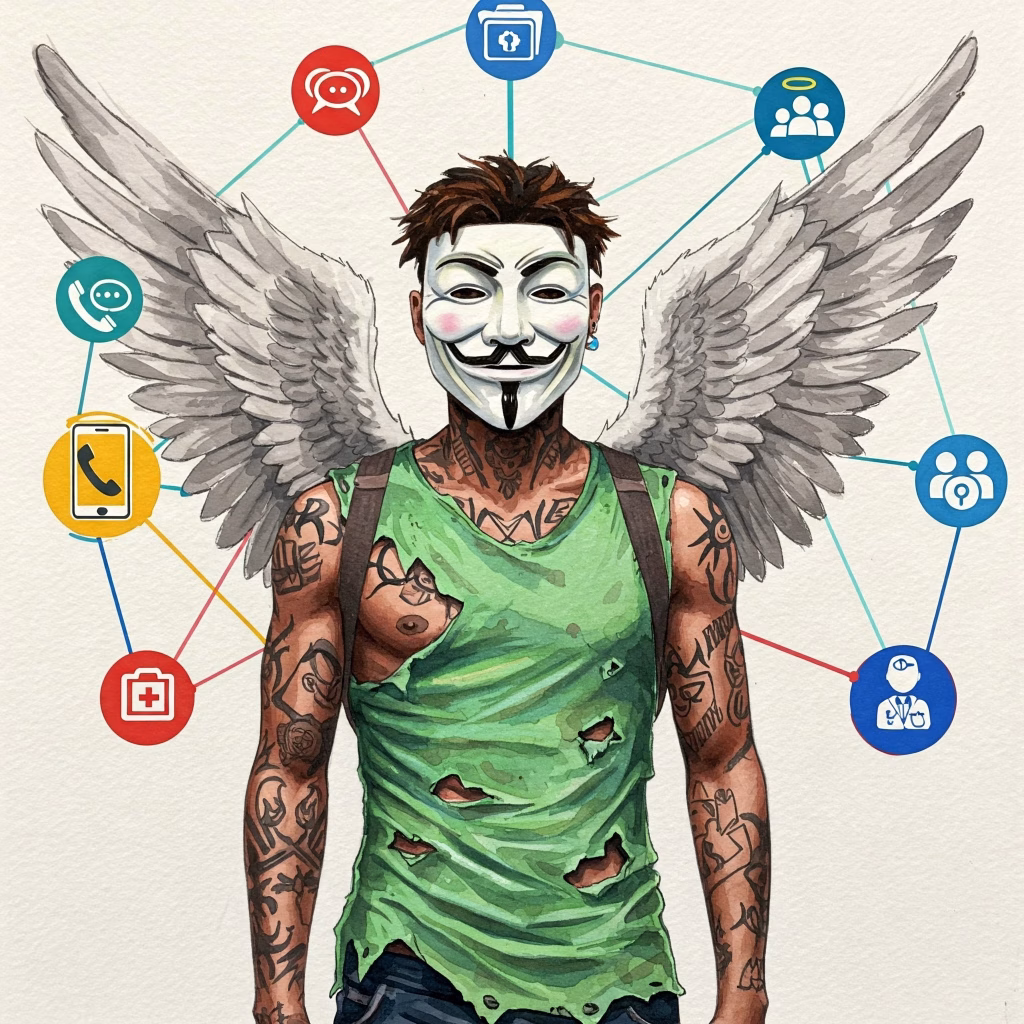 Bild in bunten lebendigen / realistischen Watercolor Farben. In der Mitte ein sportlicher Mann mit Anonymous Maske. Er ist tätowiert, hat schwarze und weiße lackierte Fingernägel und einen zerfranztes grünes Hemd und Engelsflügel auf dem Rücken. Netzwerk-Grafik mit verschiedenen Icons für Hilfe (Telefon, Chat, Gruppe, Arzt, Therapeut). Keywords: Suchthilfe, Unterstützung, Netzwerk, Beratung, Therapie, Jugendliche.