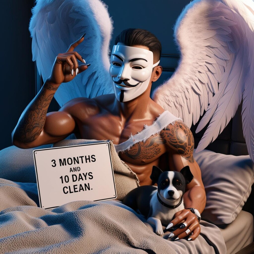 Mann liegt mit einem kleinen schwarz weiße Hund in einem gemütlichen Bett voller Kissen und hält ein Schild in der Hand. Auf dem Schild steht: 3 Monate und 10 Tage clean