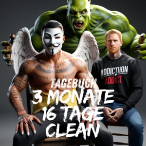 Tagebuch Titelbild 220325: Sportlicher Mann mit Anonymous Maske. Er ist tätowiert hat schwarze und weiße lackierte Fingernägel und einen zerfranztes gelbes Hemd und Engelsflügel auf dem Rücken. Er sitzt in auf einem Stuhl und hinter ihm ein großes grünes böses Monster was ihn verschlingen will. Vor ihm sitzt ein blonder mann mit schwarzen Pullover. Auf dem schwarzen Pullover steht: Sucht und Süchtig.