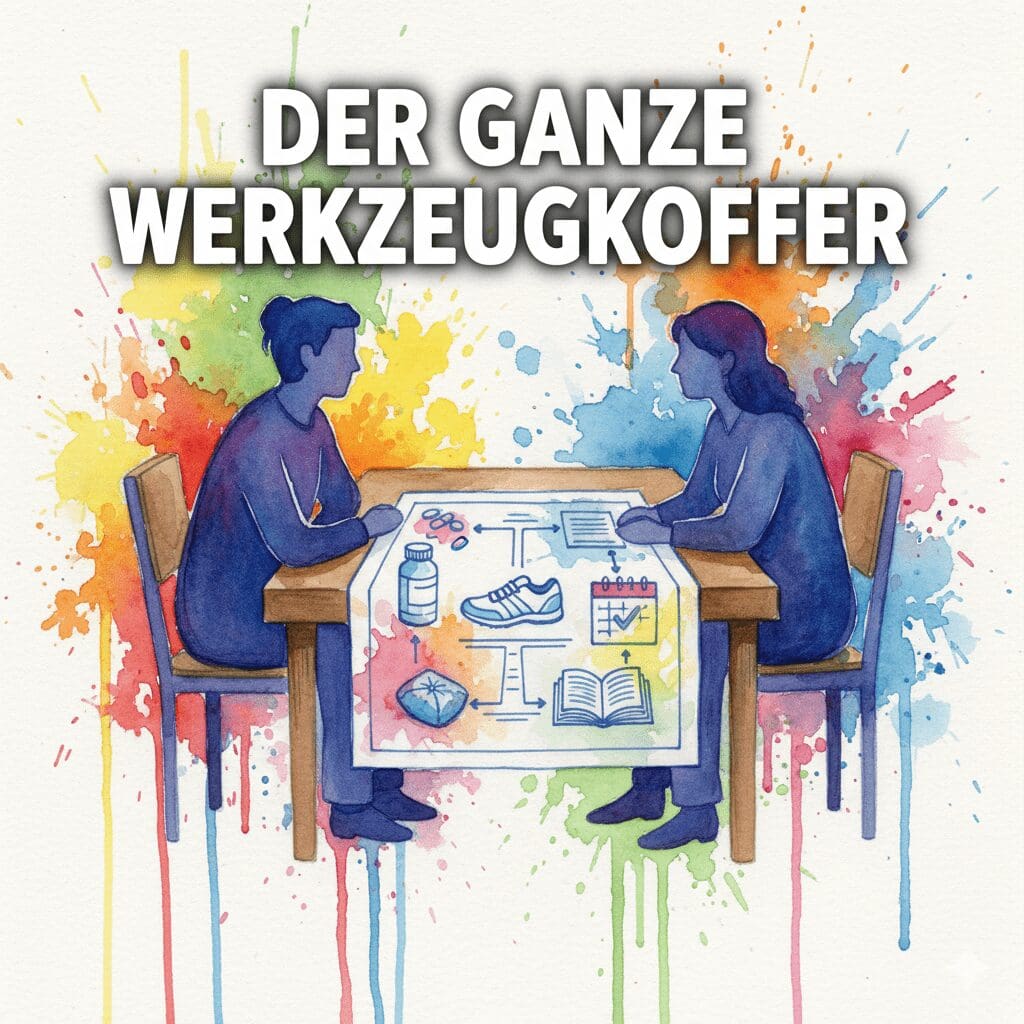 Ein ganzheitlicher Behandlungsplan mit Medikamenten, Sport und Struktur, als Symbol für die richtige Behandlung von ADHS und Sucht.