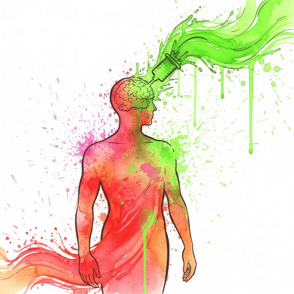 Künstlerischer Vergleich zwischen dem natürlichen Adrenalin-Kick und der künstlichen Überstimulation durch Drogen wie Kokain oder Speed.