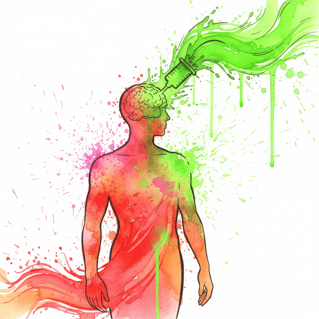 Künstlerischer Vergleich zwischen dem natürlichen Adrenalin-Kick und der künstlichen Überstimulation durch Drogen wie Kokain oder Speed.