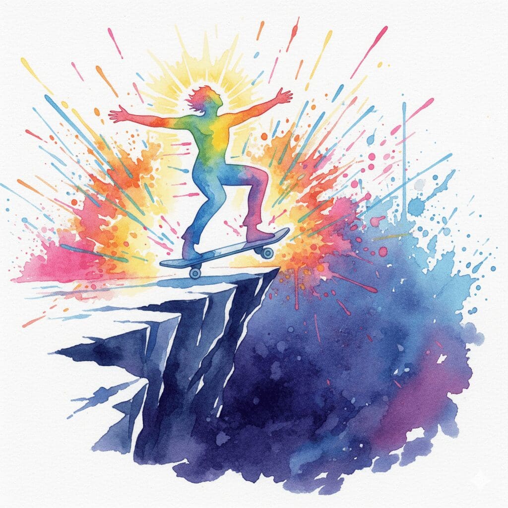 Symbolische Darstellung der "Adrenalinsucht", bei der eine Person immer größere Risiken für den nächsten Kick eingeht.