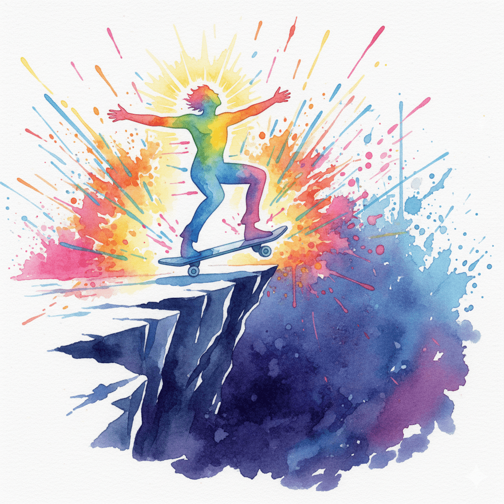 Symbolische Darstellung der "Adrenalinsucht", bei der eine Person immer größere Risiken für den nächsten Kick eingeht.