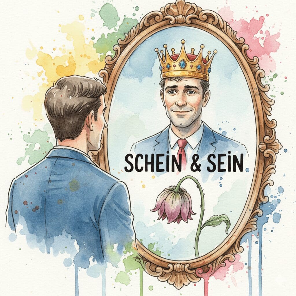Ein Mann sieht sich im Spiegel als König, aber seine Potenz ist als welke Blume dargestellt. Symbol für die trügerische Selbstsicherheit im Rausch und die Realität der Erektionsstörung.