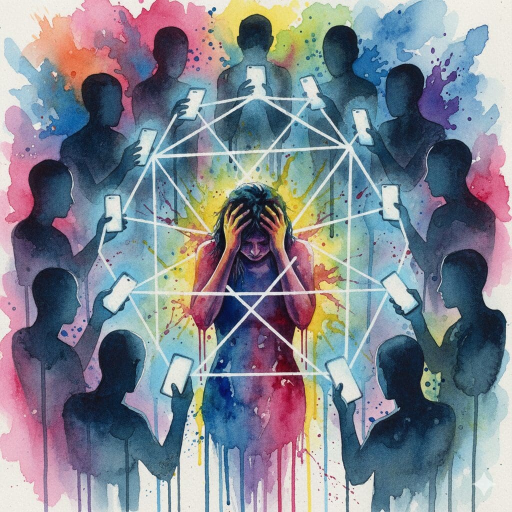 Symbolische Darstellung des Gruppenzwangs bei Social-Media-Challenges, bei der eine Person von filmenden Handys umringt ist.