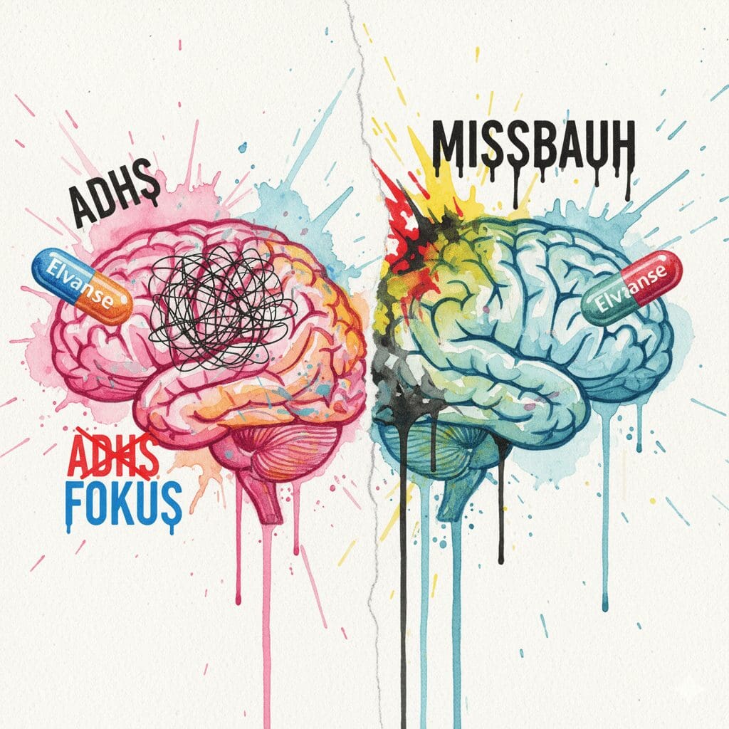 Künstlerischer Vergleich der Wirkung von Elvanse auf ein ADHS-Gehirn (ordnend) und ein neurotypisches Gehirn (überstimulierend).