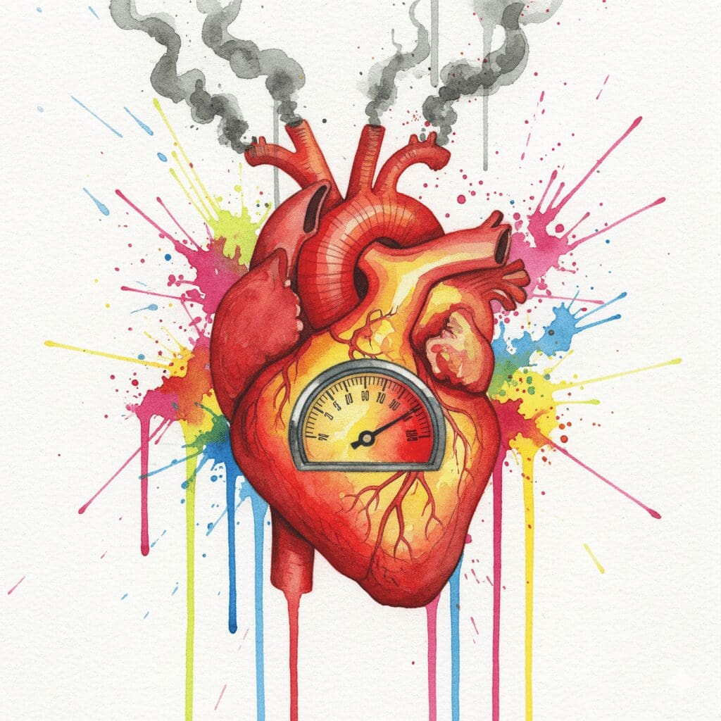 Symbolische Darstellung der Belastung des Herzens durch Amphetamine wie Elvanse, gezeigt als ein überdrehter Motor.