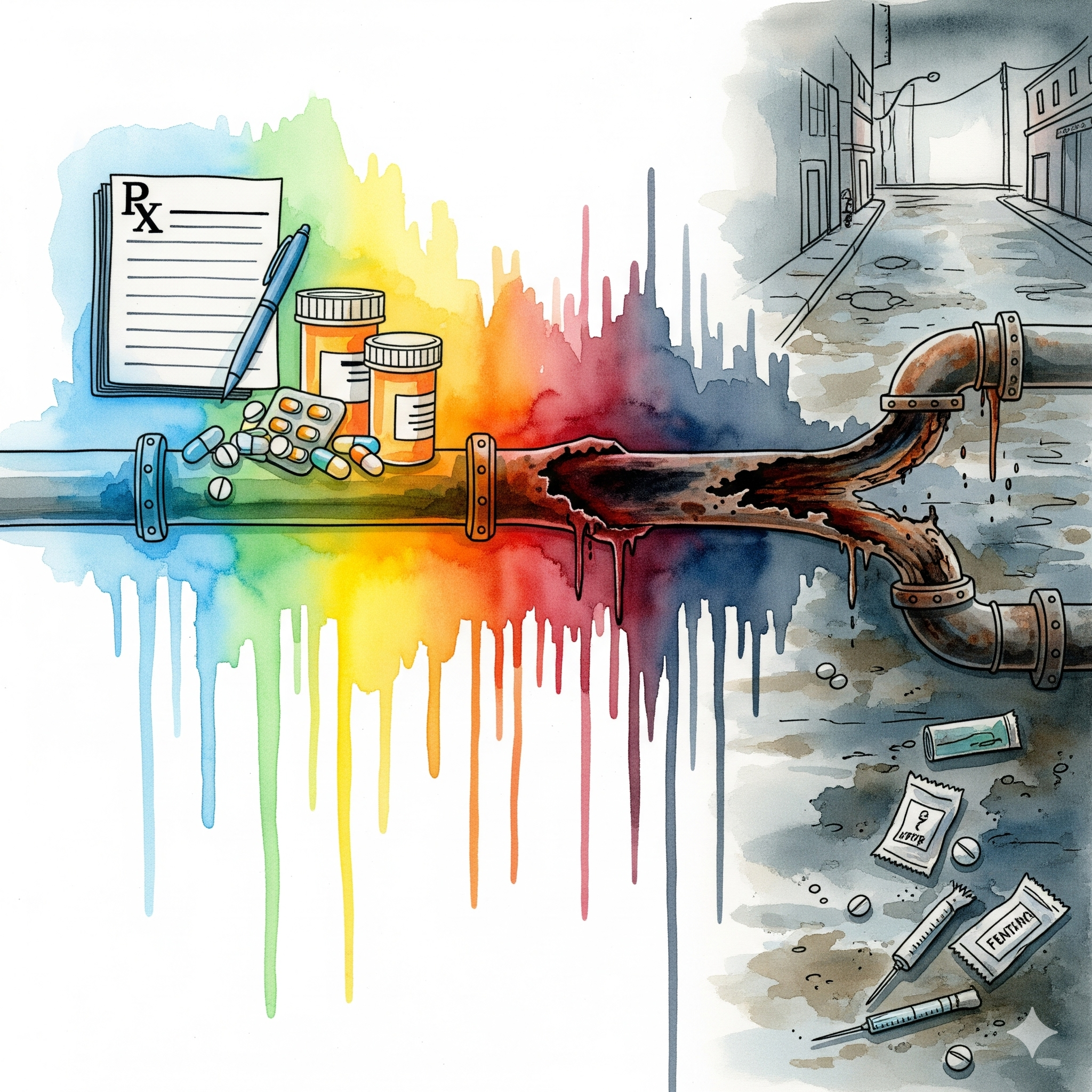 Symbolische Darstellung der Opioid-Krise als Pipeline von verschriebenen Schmerzmitteln wie Hydrocodon zu Straßendrogen wie Heroin und Fentanyl, gemalt in zerlaufenden Watercolor-Farben.