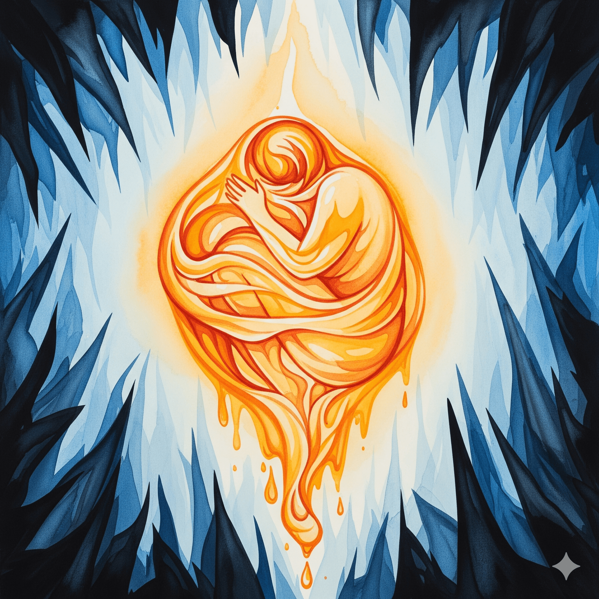 Künstlerische Darstellung der warmen, euphorischen Wirkung des Opioids Hydrocodon (Vicodin) in zerlaufenden Watercolor-Farben, die einen starken Kontrast zur kalten Außenwelt zeigt.