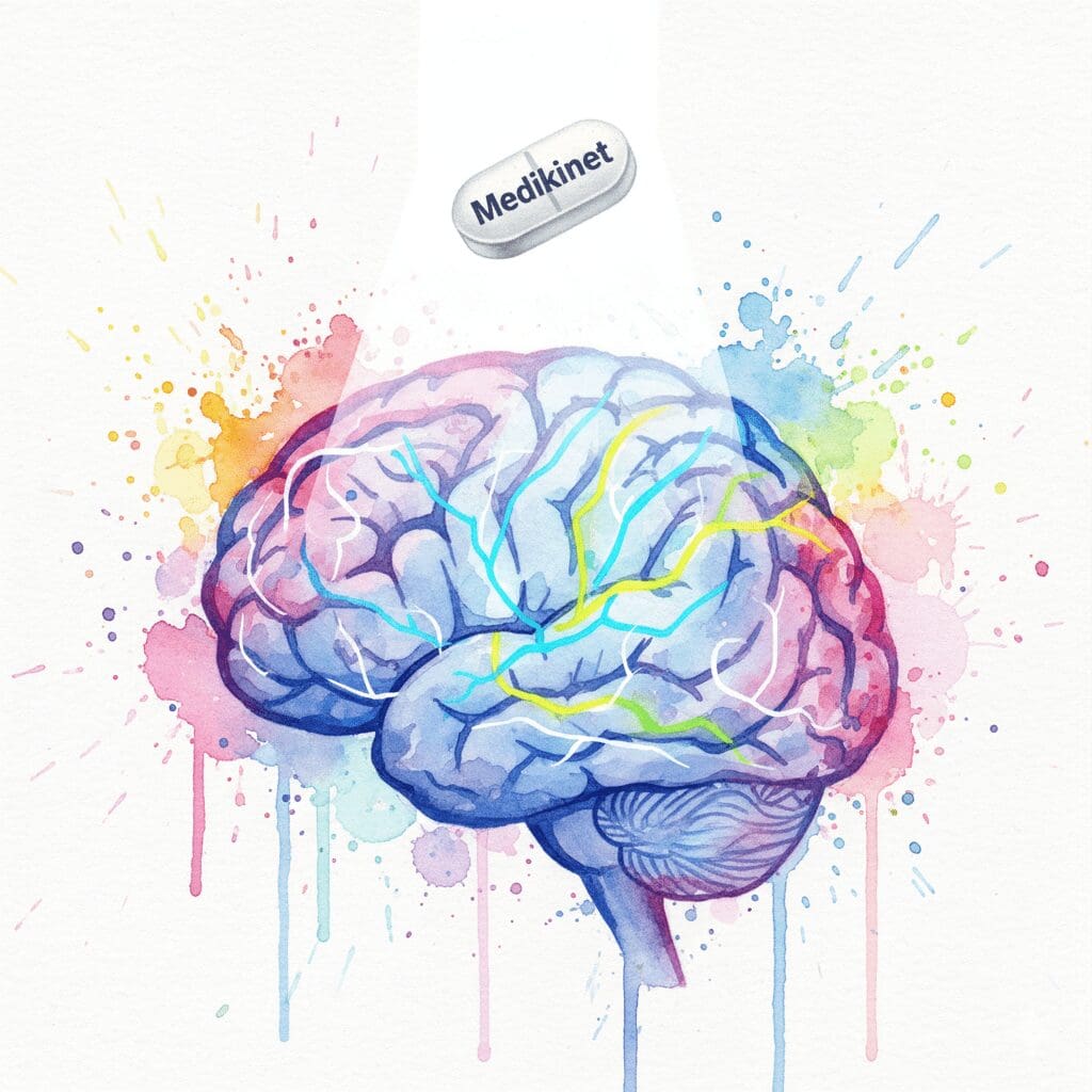 Künstlerische Darstellung der Wirkung von Medikinet bei ADHS, bei dem schwache neuronale Signale verstärkt und fokussiert werden.