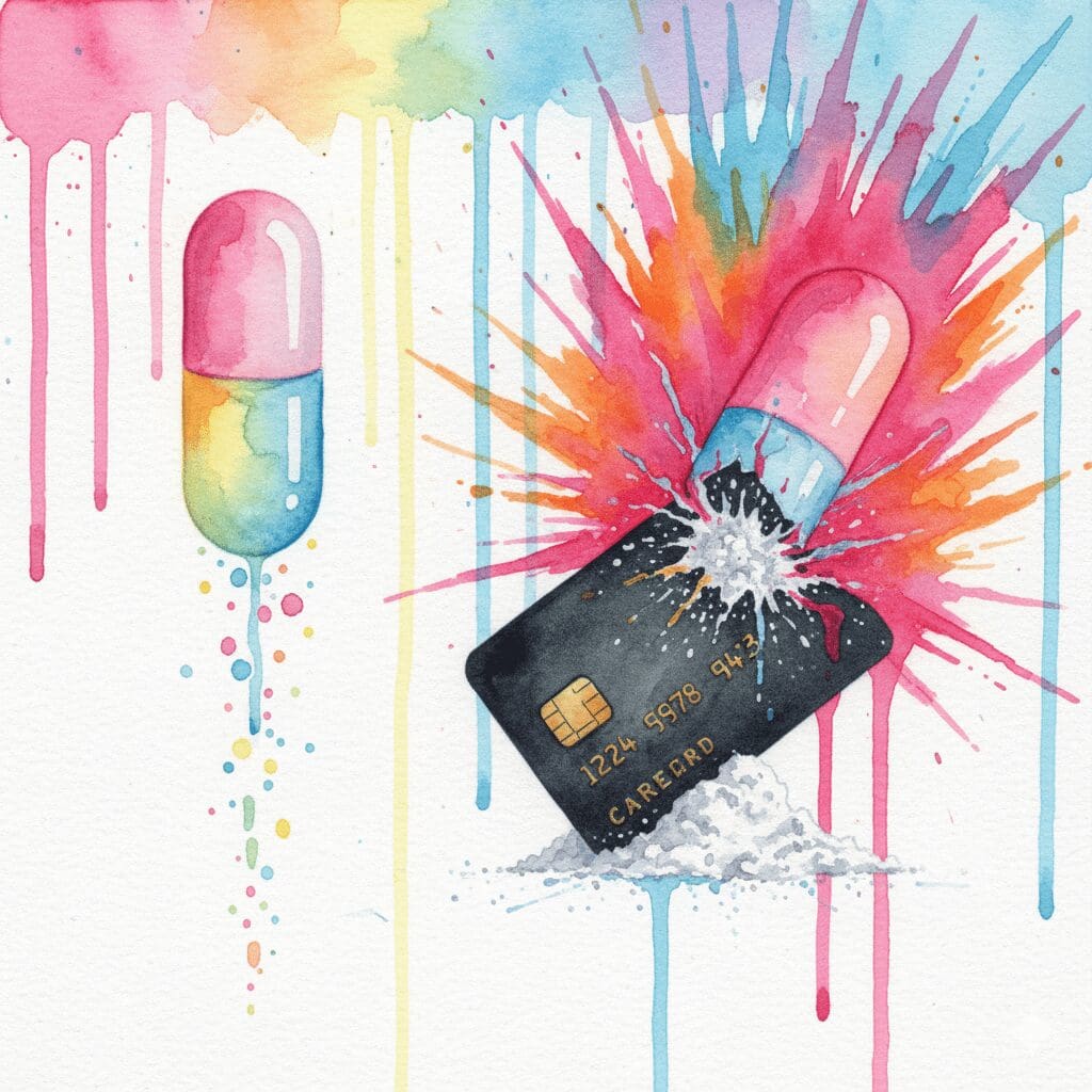 Symbolische Darstellung des Missbrauchs von Medikinet, bei dem eine Retard-Kapsel zerkleinert wird, um einen schnellen, gefährlichen Rausch zu erzeugen.