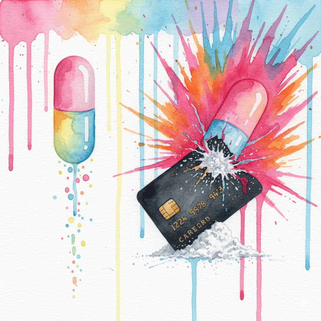 Symbolische Darstellung des Missbrauchs von Medikinet, bei dem eine Retard-Kapsel zerkleinert wird, um einen schnellen, gefährlichen Rausch zu erzeugen.