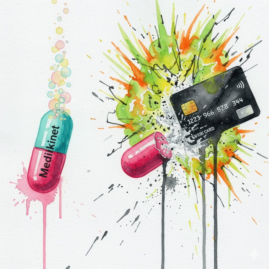 Symbolische Darstellung des Missbrauchs von Medikinet, bei dem eine Retard-Kapsel zerkleinert wird, um einen schnellen, gefährlichen Rausch zu erzeugen.