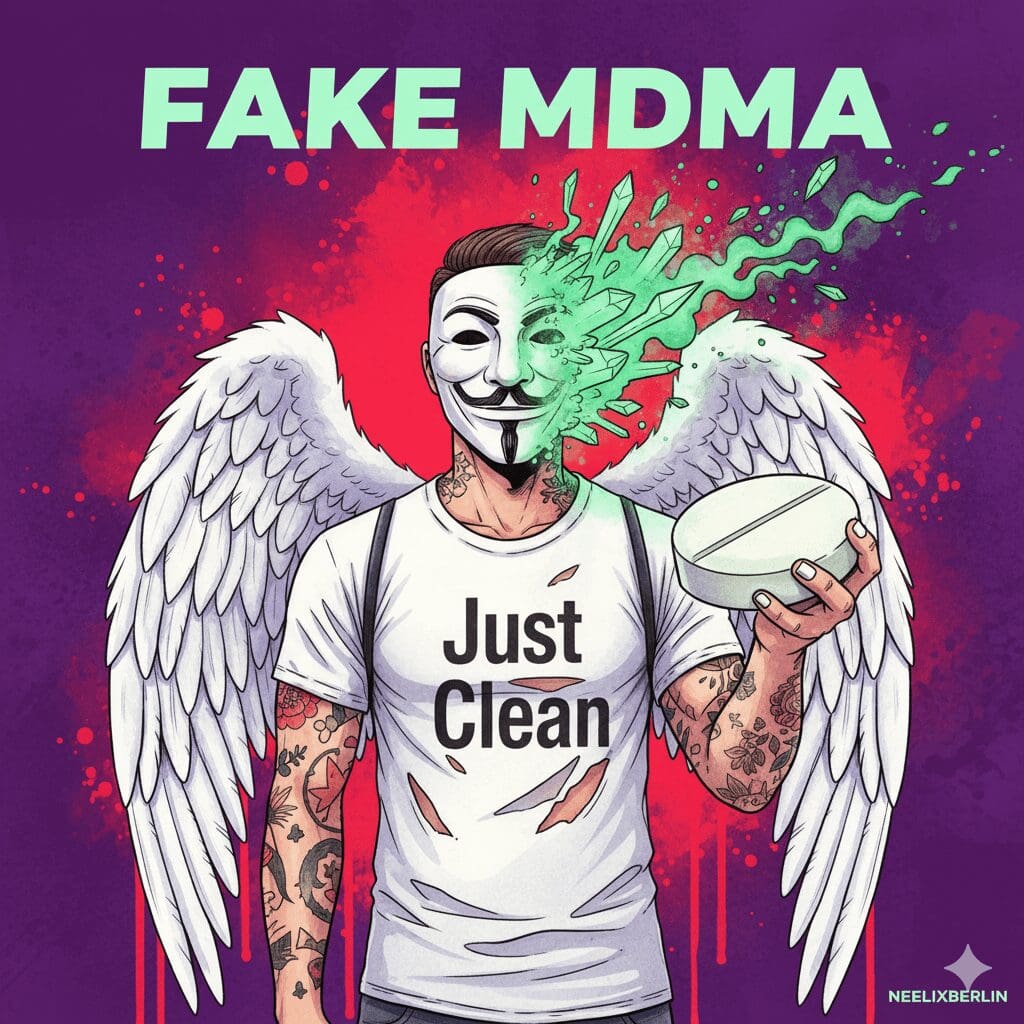 Titelbild zum Thema 4-CMC mit der NeelixberliN-Figur (Anonymous-Maske, Engelsflügel, "Just Clean"-Shirt). Die Figur hält eine zerfallende Ecstasy-Pille, die sich als giftige, chemische Fälschung entpuppt. Oben steht der warnende Titel "FAKE MDMA".