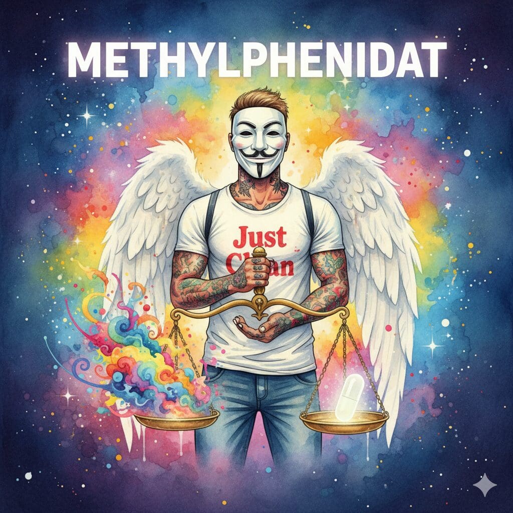 Titelbild zum Thema Methylphenidat mit der NeelixberliN-Figur (Anonymous-Maske, Engelsflügel, "Just Clean"-Shirt). Die Figur hält eine Waage, die das ADHS-Chaos gegen eine Medikinet/Ritalin-Kapsel ausbalanciert. Oben steht der Titel "METHYLPHENIDAT".