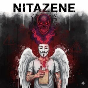 Titelbild zum Thema Nitazene mit der NeelixberliN-Figur (Anonymous-Maske, Engelsflügel, "Just Clean"-Shirt). Die Figur hält eine Droge, aus der ein leuchtender Totenkopf-Geist (das Nitazen) aufsteigt, um die versteckte, tödliche Gefahr zu symbolisieren. Oben steht der Titel "NITAZENE".