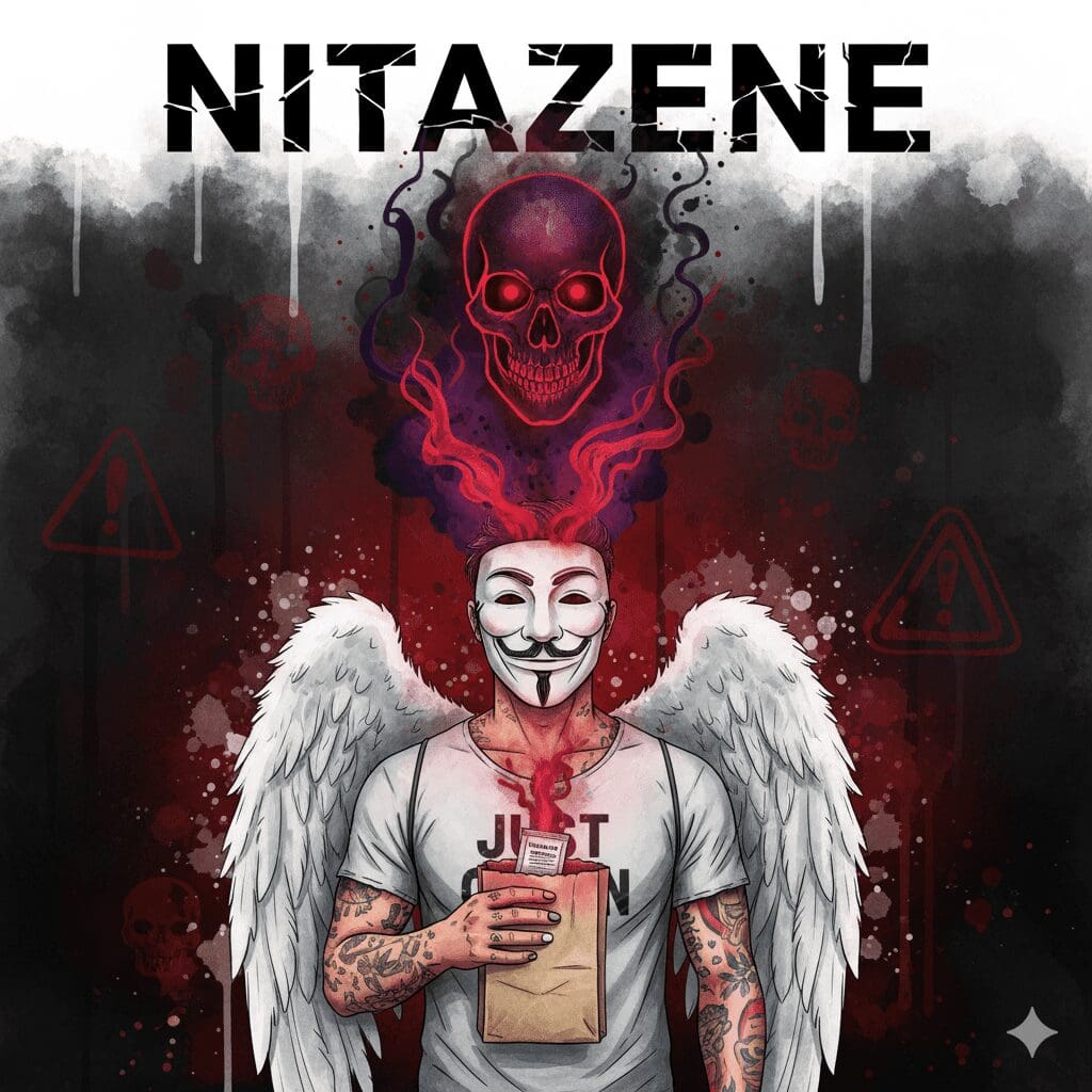 Titelbild zum Thema Nitazene mit der NeelixberliN-Figur (Anonymous-Maske, Engelsflügel, "Just Clean"-Shirt). Die Figur hält eine Droge, aus der ein leuchtender Totenkopf-Geist (das Nitazen) aufsteigt, um die versteckte, tödliche Gefahr zu symbolisieren. Oben steht der Titel "NITAZENE".