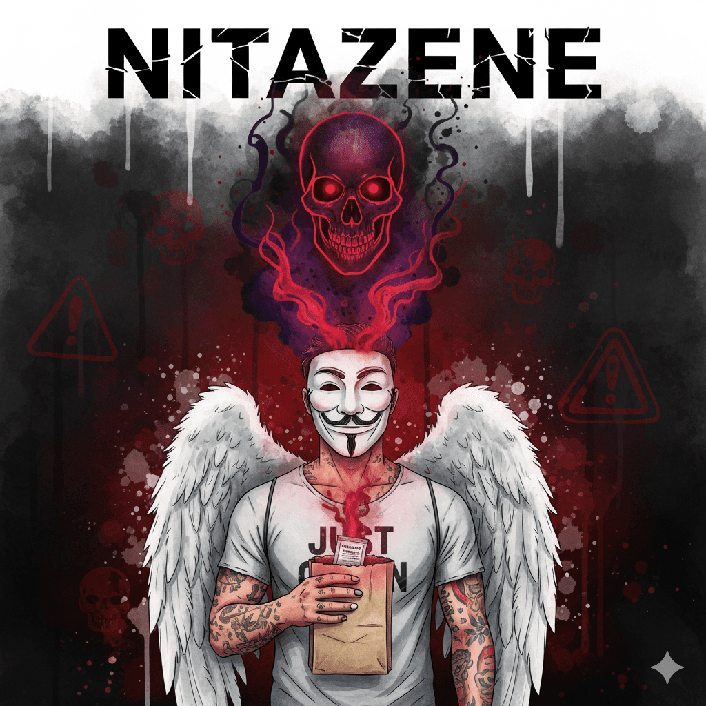 Titelbild zum Thema Nitazene mit der NeelixberliN-Figur (Anonymous-Maske, Engelsflügel, "Just Clean"-Shirt). Die Figur hält eine Droge, aus der ein leuchtender Totenkopf-Geist (das Nitazen) aufsteigt, um die versteckte, tödliche Gefahr zu symbolisieren. Oben steht der Titel "NITAZENE".