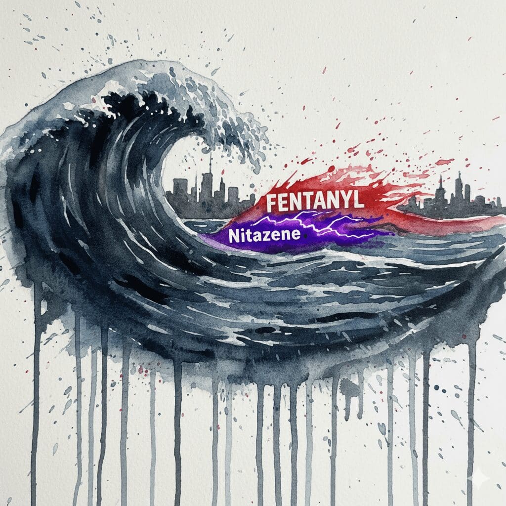 Künstlerische Darstellung der Opioid-Krise als Tsunami-Welle, bei der Nitazene eine neue, noch gefährlichere Welle vor Fentanyl darstellen.