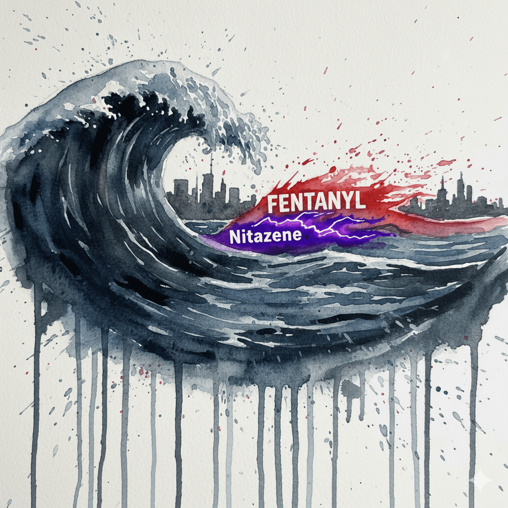 Künstlerische Darstellung der Opioid-Krise als Tsunami-Welle, bei der Nitazene eine neue, noch gefährlichere Welle vor Fentanyl darstellen.